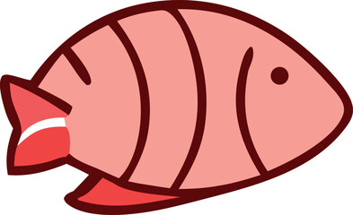 Charming cartoon illustration of a chubby pink fish with dark outline and subtle stripes