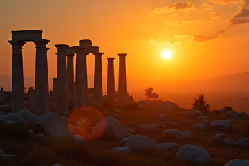 The sun rising behind an ancient temple ruin.