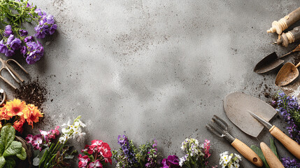 Gardening background with spring flowers and gardening tools on a gray concrete surface, top view. A banner for gardeners or a flower shop in the springtime season