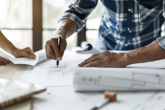 Architect reviewing blueprint with a colleague in the office