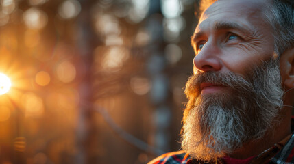 Man with a beard basking in the glow of the setting sun. He looks up to the sky in thoughtful silence.