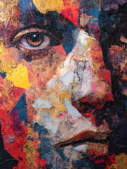 Abstract portrait of a woman's face with vibrant, textured brushstrokes and bold colors