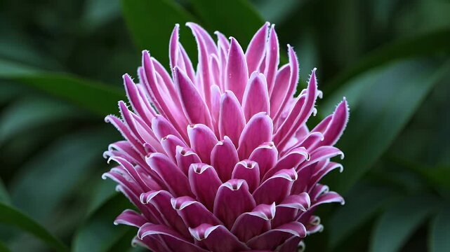 serene 4k close up of a tropical pink flower head from the zingiber zerumbet plant or shampoo ginger nestled among lush green foliage in a still frame perfect for botanical beauty and exotic garden