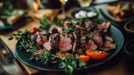 Deliciously Grilled Beef Steak on Black Plate Surrounded by Herbs
