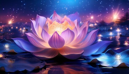 celestial lotus bloom a dreamlike tapestry of light and color shimmering fabrics and glowing flowers adorn a mystical night sky