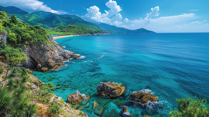 Coastal Paradise: Turquoise waters meet rocky cliffs and lush greenery in a serene coastal vista.
