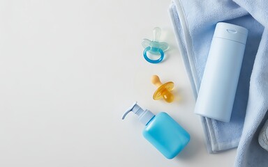 Two pacifiers and baby care bottles on blue towel image