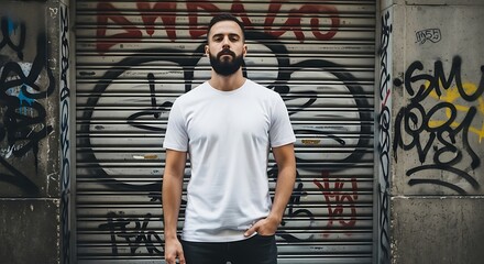 Man with beard wearing a white t shirt standing in front of a graffiti covered garage door