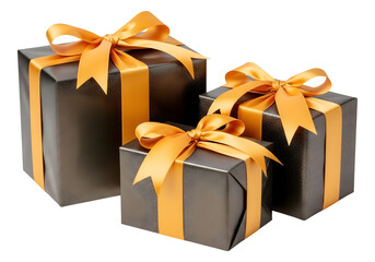 Three elegant dark grey gift boxes with bright orange satin ribbons and bows isolated on transparent background