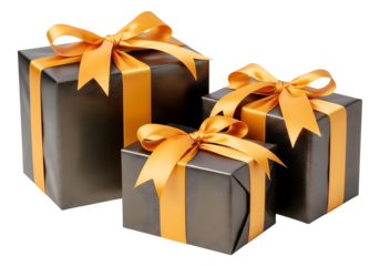 Three elegant dark grey gift boxes with bright orange satin ribbons and bows isolated on transparent background