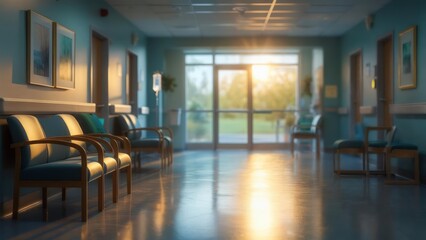 Empty Hospital Waiting Room with Sunlight, Serene Atmosphere, Soft Lighting.