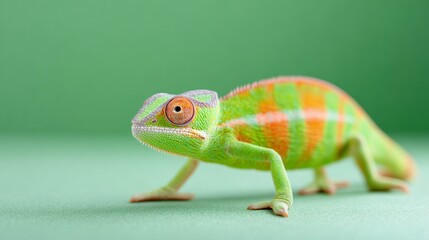 Fototapeta premium Vibrant Colored Chameleon on Green Background Exhibiting Unique Patterns