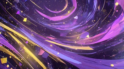 Abstract purple and yellow flowing lines with confetti and dynamic light streaks