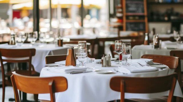 Empty restaurant tables set for a meal