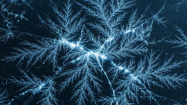 A stunning macro animation showing a surface freezing over, forming beautiful, glowing, fern-like frost patterns. The ice then dramatically cracks and shatters into pieces