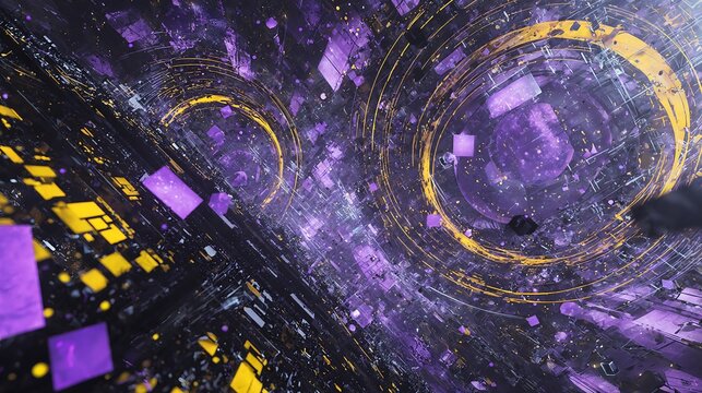 Abstract cyberpunk city with glowing purple and yellow geometric elements and circular portals - Powered by Adobe