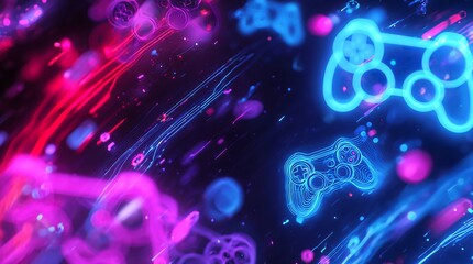 Abstract neon gaming background with glowing controllers and vibrant light streaks