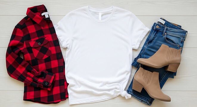 Flat lay of a white tshirt, red plaid flannel shirt, blue jeans, and tan ankle boots