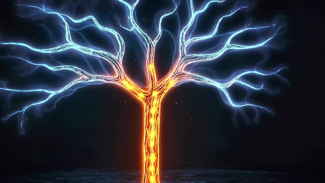 Glowing tree with blue and orange lightning branches against a dark background