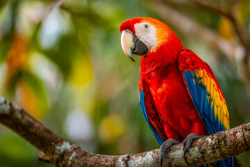 Obraz premium Vibrant Scarlet Macaw perched on a tree branch in a lush tropical forest
