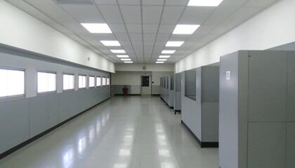 Empty hallway or room with voting booths, windows, and bright fluorescent lighting, suggesting a polling place or election day setup.