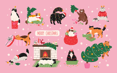 Set of funny cats celebrating Christmas with holiday decorations. Kittens in sweaters and hats with presents, toys, Christmas tree and fireplace. Vector flat design. Hand drawn cartoon illustration © Anastasiya Stoma