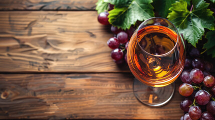 A glass of amber liquid with fresh red grapes and leafy vines on a rustic wooden table, top view.