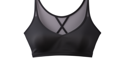 Modern black sports bra with stylish crossover straps for fitness fashion and active lifestyle