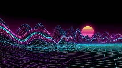 retro wave landscape with neon grid mountains and a striped sunset