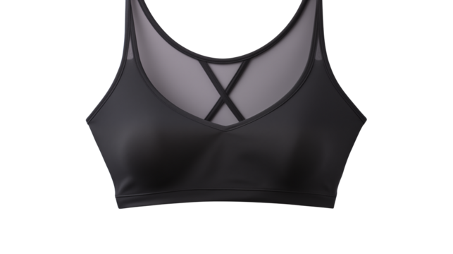 Modern black sports bra with stylish crossover straps for fitness fashion and active lifestyle