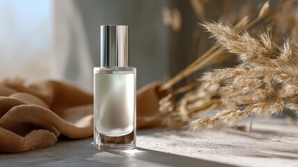 Fototapeta premium Elegance in Scent: A minimalistic perfume bottle radiates refined aesthetics, presented gracefully on a textured surface, the subtle interplay of light, shadow.