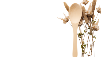 Wooden spoon and dried flowers create rustic cooking aesthetic for your culinary project