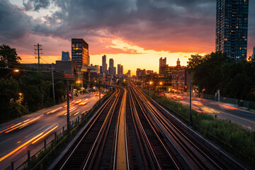 Fototapeta premium Sunset view from an elevated train track above a busy intersection, light trails from cars below and urban skyline in background