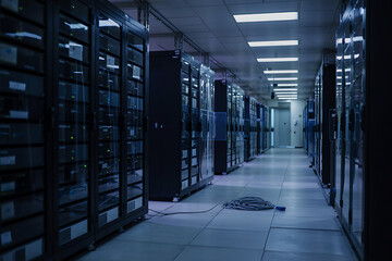 Dark Server Room Aisle with Rows of Server Cabinets and a Coiled Network Cable on the Floor data center