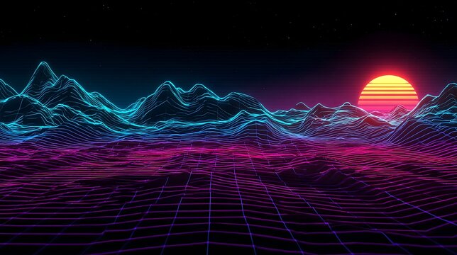 retro synthwave landscape with neon grid mountains and a striped sunset