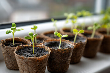 Tiny seedlings sprouting in biodegradable seedling cups on a windowsill, indoor sustainability and home gardening concept