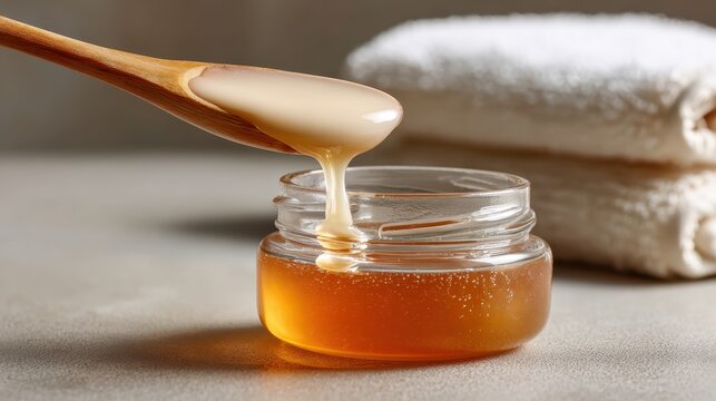 Golden Nectar's Gentle Pour: A close-up shot presents the allure of honey pouring from a wooden spoon into a glass jar, next to a stack of plush, folded towels, promising relaxation and tranquility.