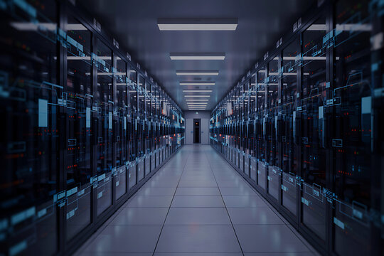 Modern data center server room corridor with glowing blue digital interfaces and lights aisle technology