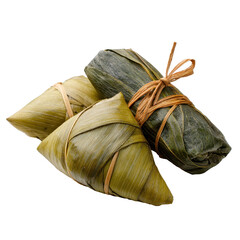 Traditional rice dumplings wrapped in bamboo leaves on a white background with a natural texture showing cultural significance