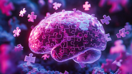 Alzheimers awareness concept translucent human brain comprised of interlocking puzzle pieces some gently floating away soft purple hues symbolize hope and understanding of memory disorders