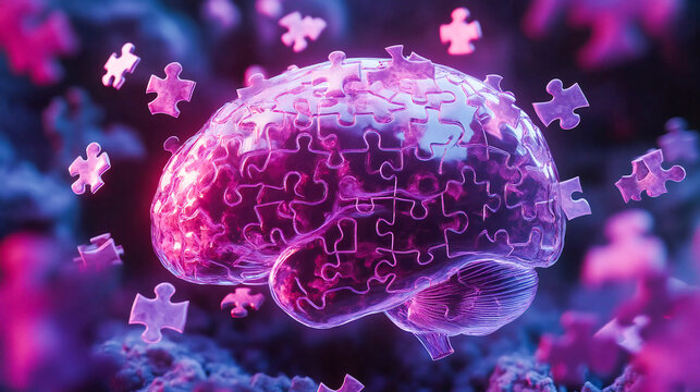 Alzheimers awareness concept translucent human brain comprised of interlocking puzzle pieces some gently floating away soft purple hues symbolize hope and understanding of memory disorders