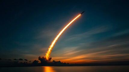 missile trail through sky during defense system test, long exposure shot showing the arc trajectory