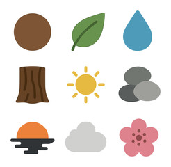 Nature Icon Palette. Solid, filled icons set of nature-inspired color palettes: earth tones, green leaves,