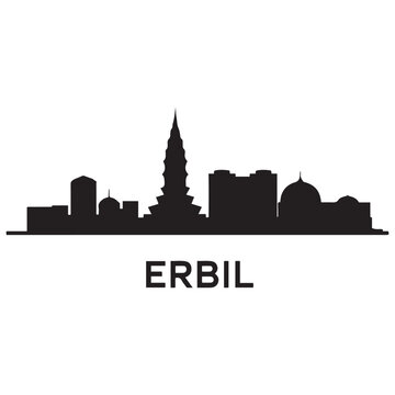 Erbil skyline, monochrome silhouette. Vector illustration. Vector black silhouette. with white background.