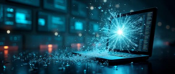 Exploding Laptop with Data Burst – Cyberattack or Digital Breakdown Concept