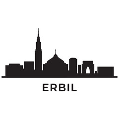 Obraz premium Erbil skyline, monochrome silhouette. Vector illustration. Vector black silhouette. with white background.
