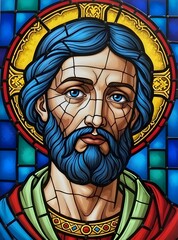 Radiant Stained Glass Saint Face Close-Up in Sunlight &ndash; Divine Sacred Detail