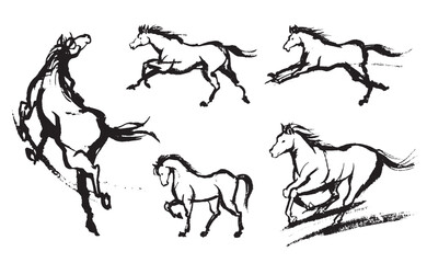 躍動感のある様々な馬の水墨画、午年の年賀状素材