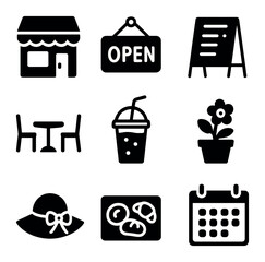 Seasonal Café Icons. Solid, filled icons set of seasonal café opening in May: café storefront, open sign,