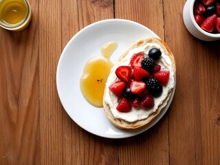 Delicious toast with cream cheese and mixed berries served with honey on wooden table